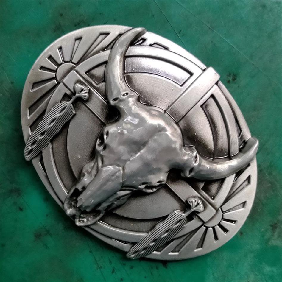 Silver Bull Head Feather Western Cowboy Belt Buckle Fit 4cm Wide Jeans Belts Head Hebillas Cinturon324N