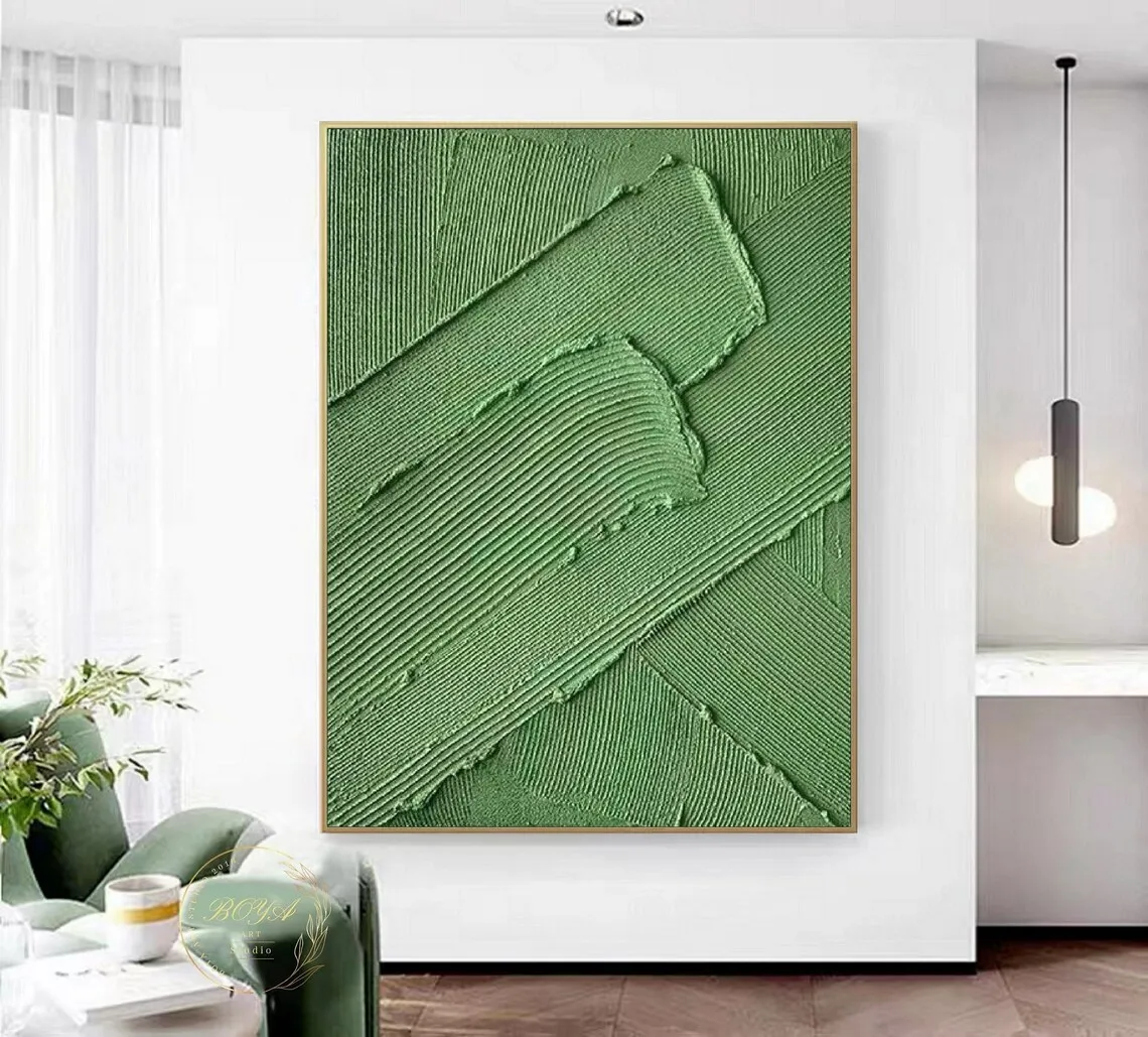 Green Minimalist Painting Thick Textured Oil Art Abstract Wall Artwork Picture for Christmas Home Decoration Handpainted