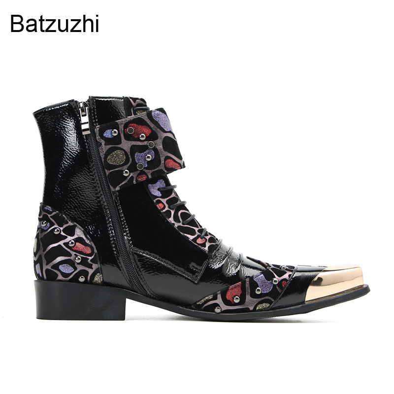 Batzuzhi nya män stövlar skor guldmetall tå svart äkta läder fotled stövlar män snörning zip motorcykel, fest, bröllopsstövlar för män