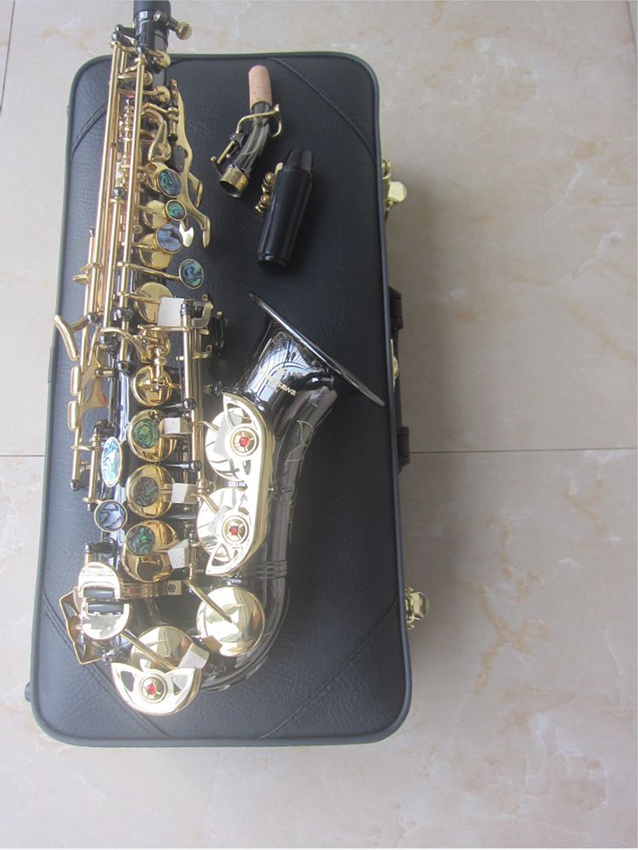 Neues gebogenes Saxophon Sopransaxophon S-991 Bb Schwarznickel Messingsaxophon Professionelles Musikinstrument mit Kofferzubehör