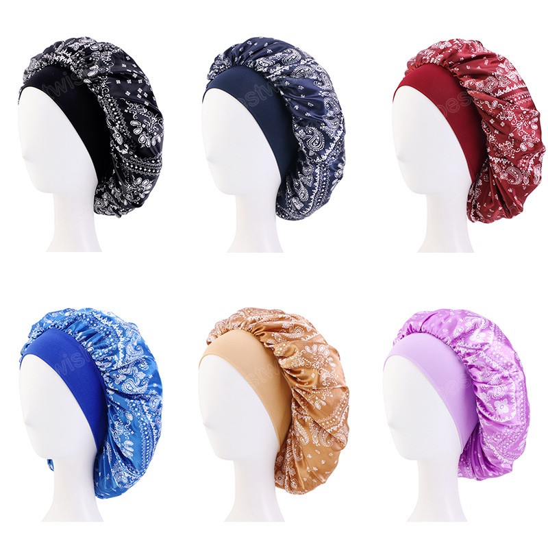 Women Paisely Satin Bonnet Night Sleep Hat Hair Care Wide Band Silkly Headcover Chemo Cap Shower Caps For Bath Bathing Bonnet