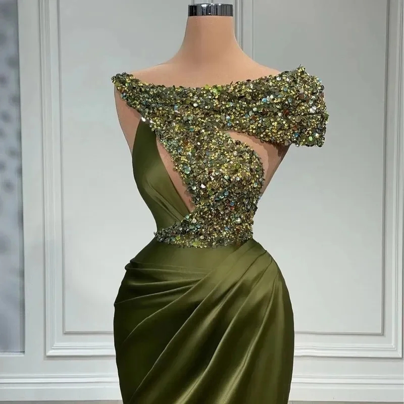 Vestidos de noite de lantejoulas brilhantes verdes verdes de oliveira fora de sereia longa Mermaid Mulheres elegantes cetim ruched Segunda recepção Party Prom Dress Vestidos cl3075