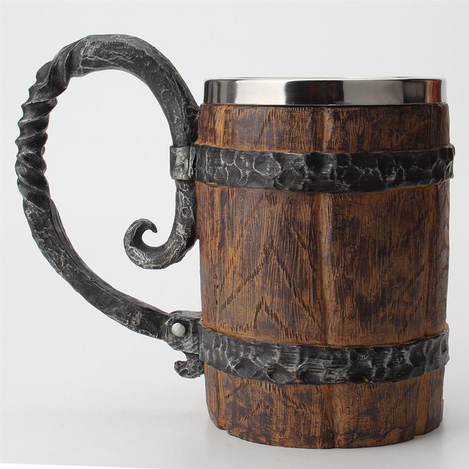 Barril de madeira resina de aço inoxidável 3d caneca de cerveja jogo tankard copo de café canecas de vidro de vinho 650ml tem gift315g