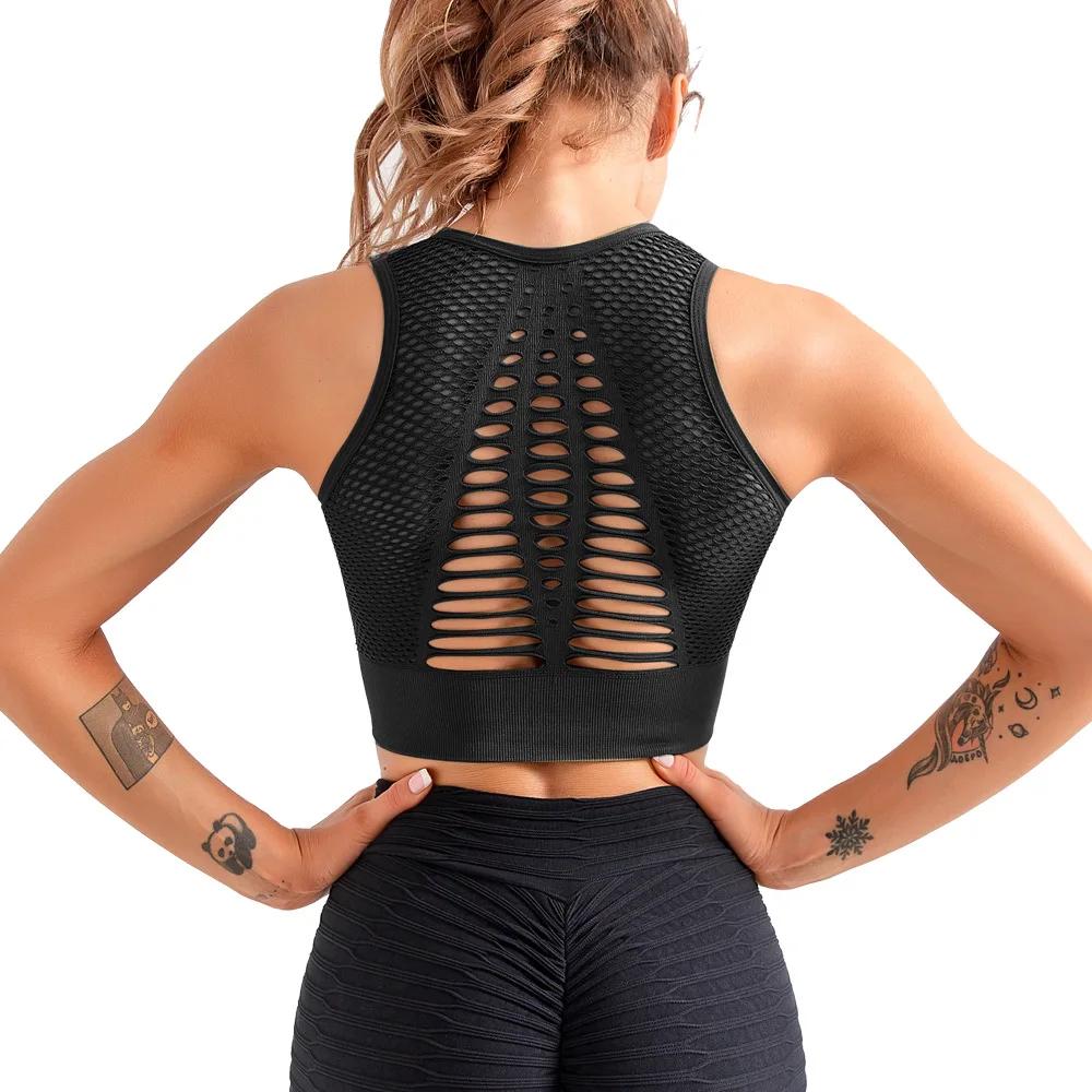 set Women's Sports Bra Removable Cups Mesh Support Cross Back Wirefree Fitness Tops Freedom Seamless Yoga Running Sports Bras