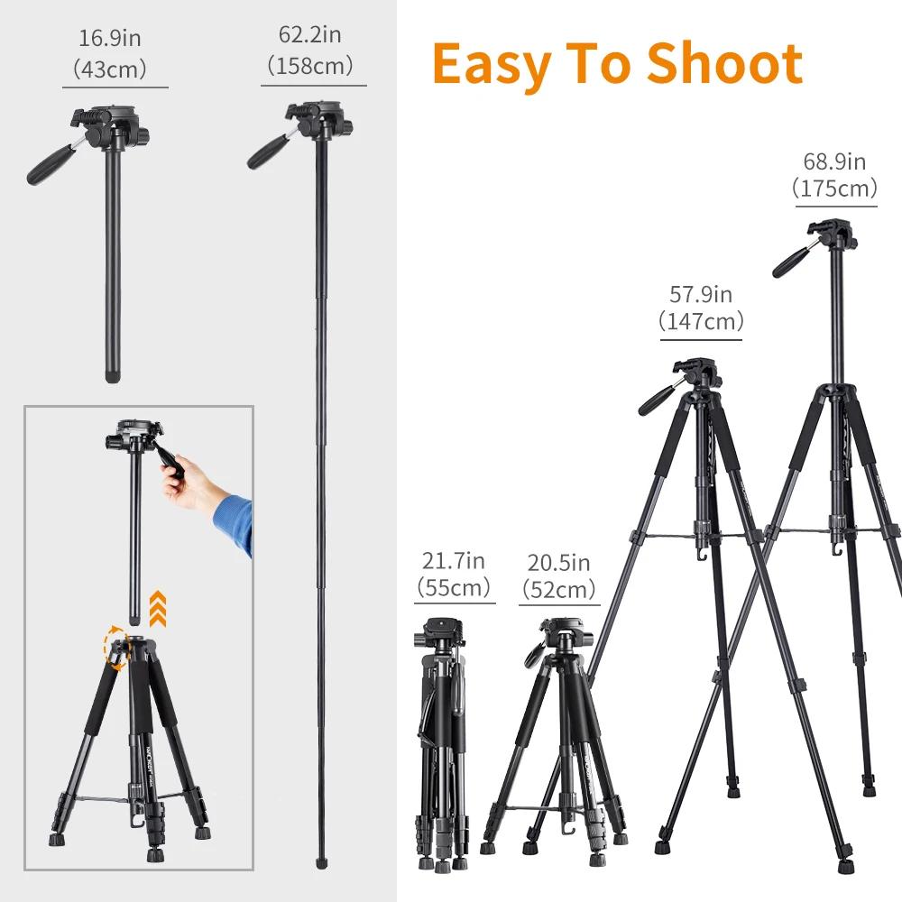 Accessories K F Concept Portable Tripod 70"/177cm Travel Tripod Outdoor Compact Aluminum Video Camera Tripod Monopod with 3Way Swivel Pan