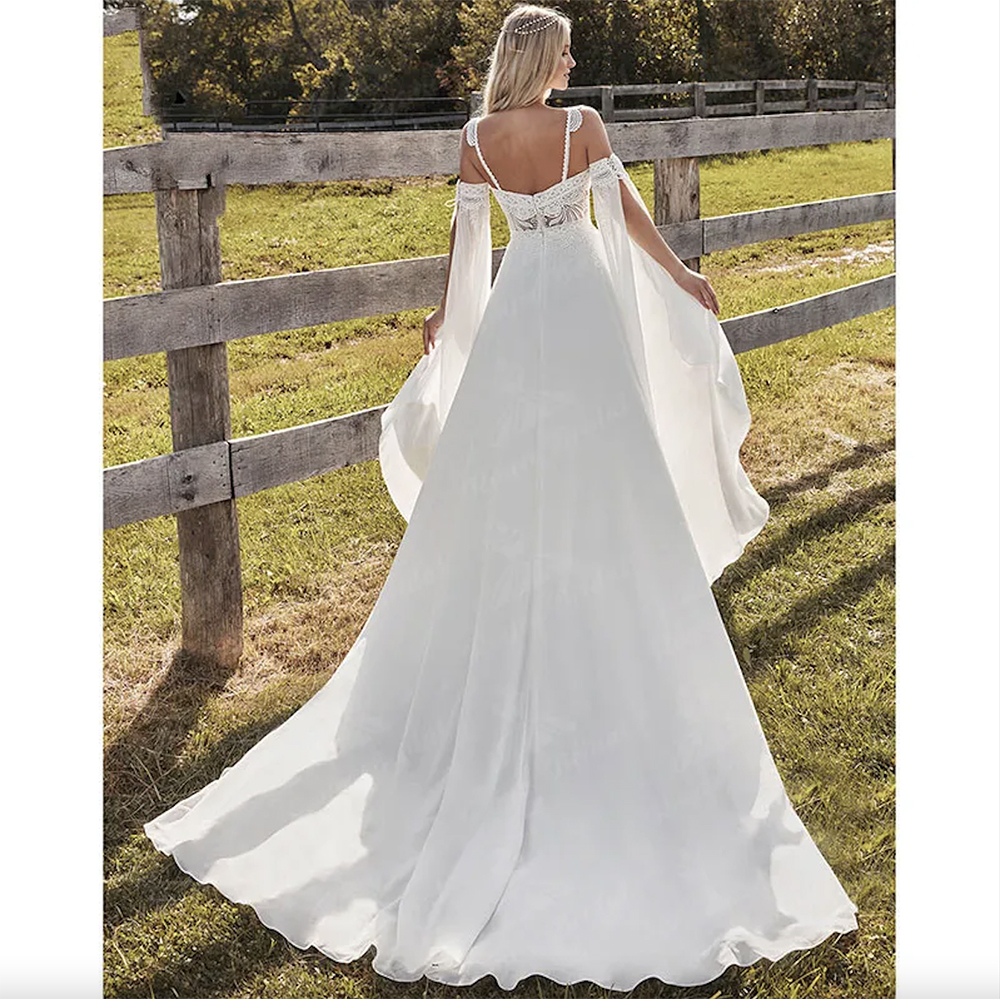 Affascinante abito da sposa bohemien boho con maniche lunghe svasate staccabili senza spalline in pizzo senza spalline in chiffon con scollo a cuore abito da sposa da spiaggia