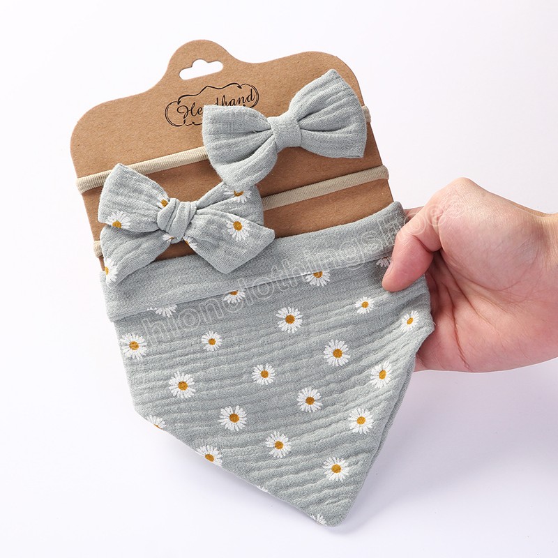 3 stksMousseline Katoenen Baby Slabbetje Boog Hoofdband Verstelbare Knop Driehoek Speeksel Handdoek Print Baby Jongen Meisje Voeden Spuugdoekje