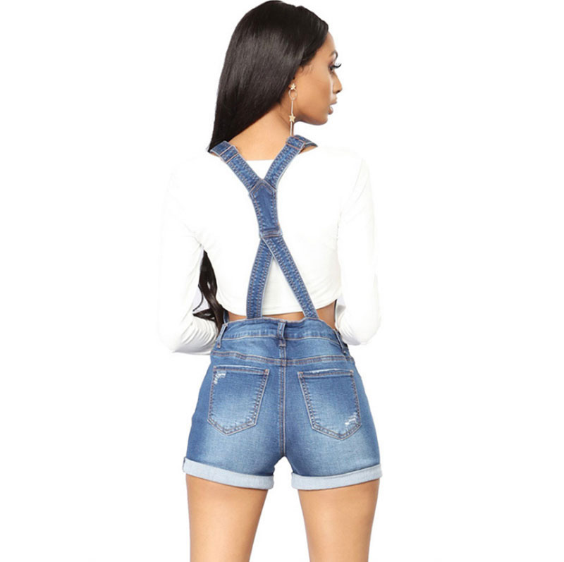 Woman Overalls Jeans Fashion Short Denim Pant Shorts Ripped Distressed Scratched Cuffs Casual Bleached Button Free Shopping