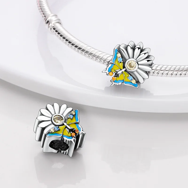 925 Sterling Silver Colorful Lovely Pets Cat Dangle Sunflower Butterfly Sloth Charms Beads Fit Pando Bracelet Necklace Jewelry