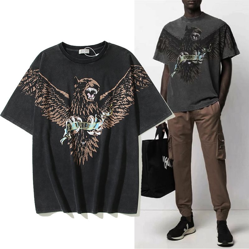 High Street Fashion Rep Eagle Dog Print VTG Vintage Wash Ejressad Destruction Short Sleeve T-Shirt Ins Cotton