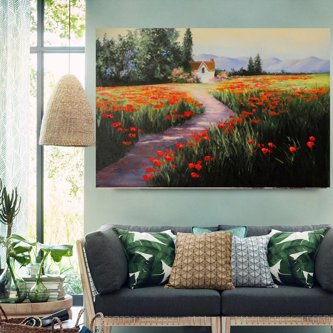 Modernes Ölgemälde auf Leinwand für die Wand, impressionistisches Landschaftskunstwerk, Feld mit Mohnblumen, Blumenkunstbild für Hoteldekoration