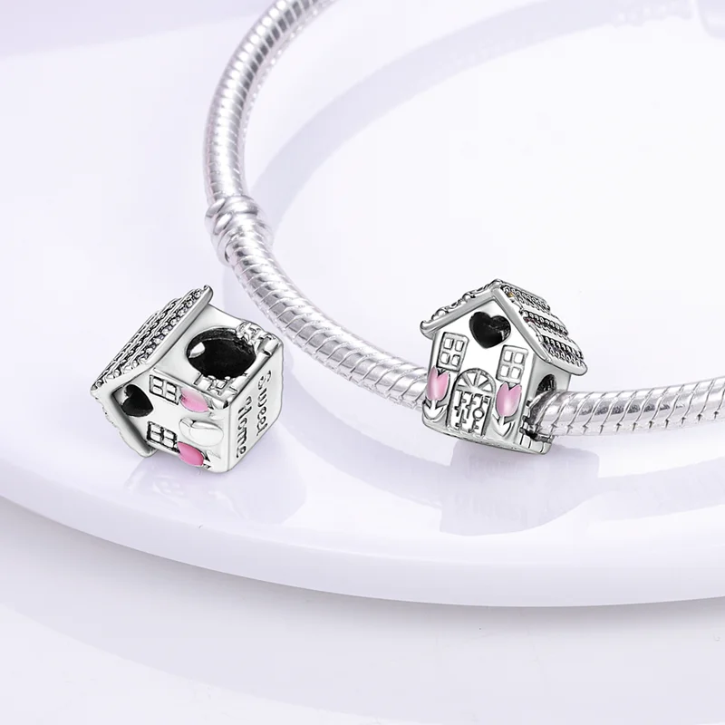 Ev Charms Beads 925 STERLING Gümüş Güzel Ev Dangle Fit Pando Bilezik Kolye DIY Takı