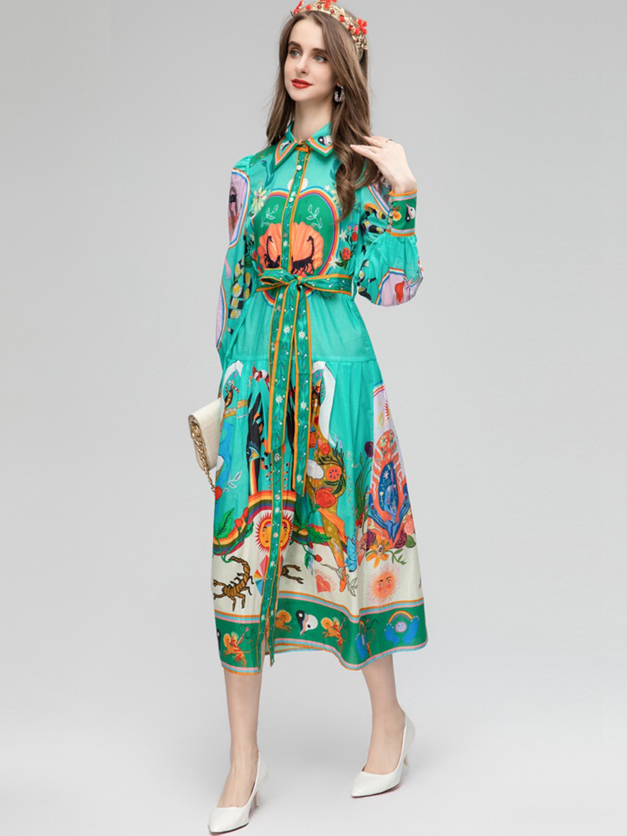 女性用滑走路ドレスが襟を倒す長袖プリントアップ印刷されたハイストリートファッションデザイナーVestidos