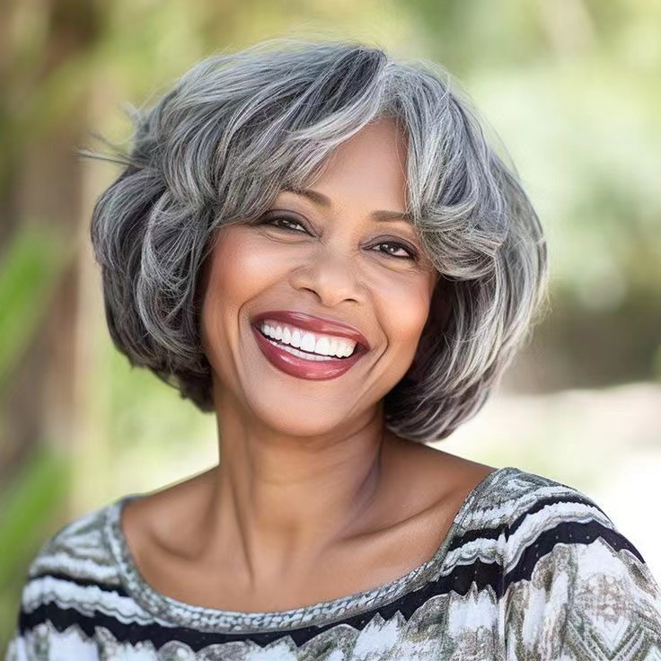 Real human hair salt&pepper loose curly bob natural wave edgy pixie cuts wigs silver grey non-lace natural gray hair wig african american hairstlye