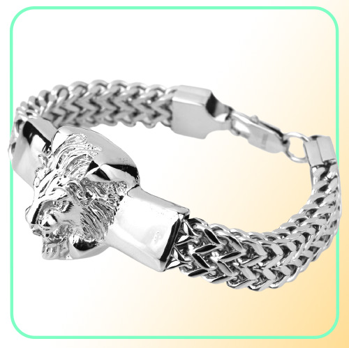 Punk Jewelry Figaro Chain Mens Bracelet Stainless Steel Silver ColorGold Color Lion Head Bracelet Mens Cuff Bracelet 866 inch CX2825846