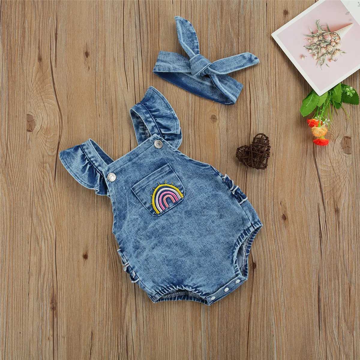 Pagliaccetti Traspiranti Neonate Outfit Infantile Estate Creativo Arcobaleno Ricamo Manica a mosca Decorazione in pizzo Pagliaccetto in denim + Set copricapoL231114