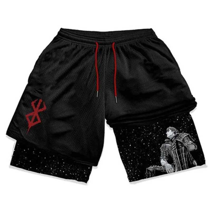 Cuecas elegantes anime berserk 2 em 1 shorts de compressão para homens shorts de ginástica atlética secagem rápida treinamento elástico corrida treino de fitness l231218