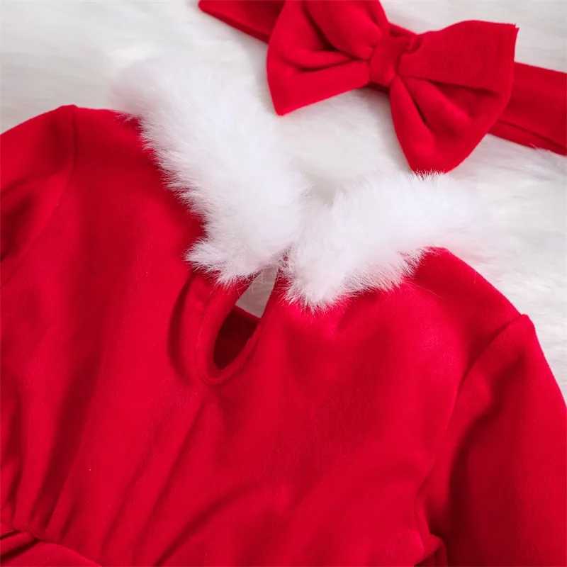 Rompers Suefunskry Baby Girls Christmas Outfits Lengeve Fur Trim Velvet Romper Dress + Headband Set新生児Xmas服3-24mssl231114