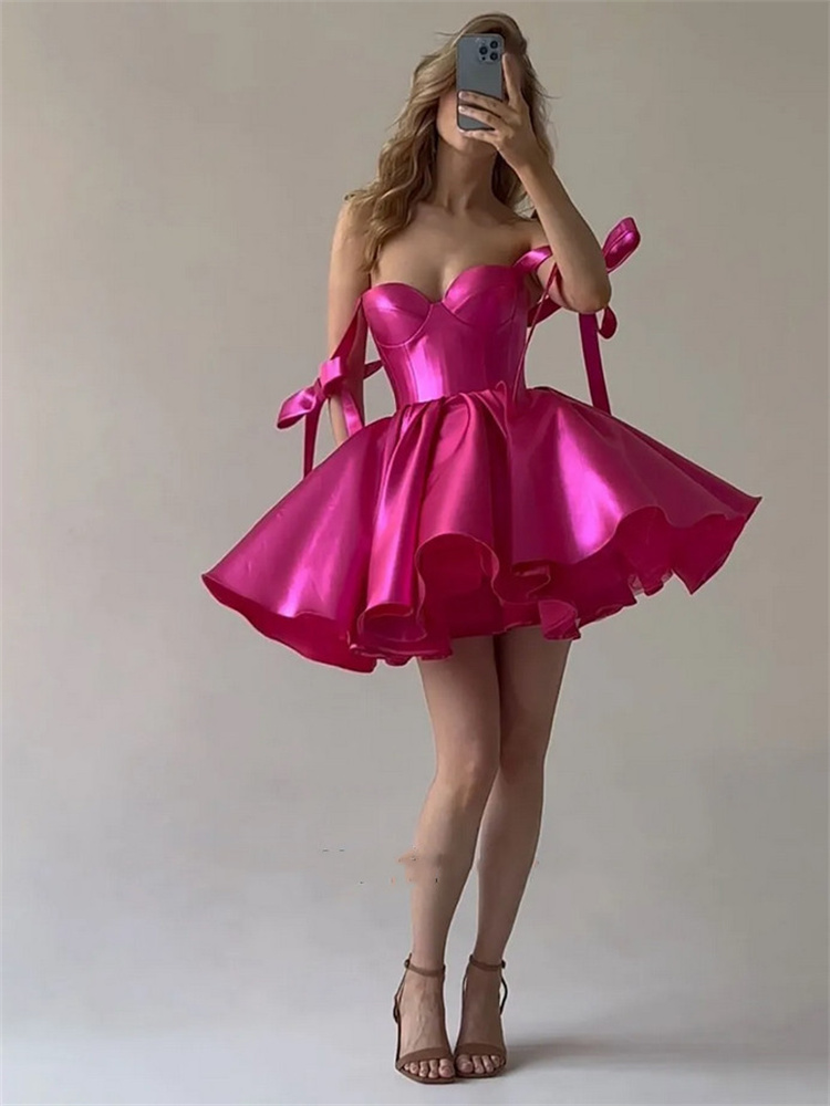 ローズレッドセクシーなプロムドレスショートスカートイブニングドレス