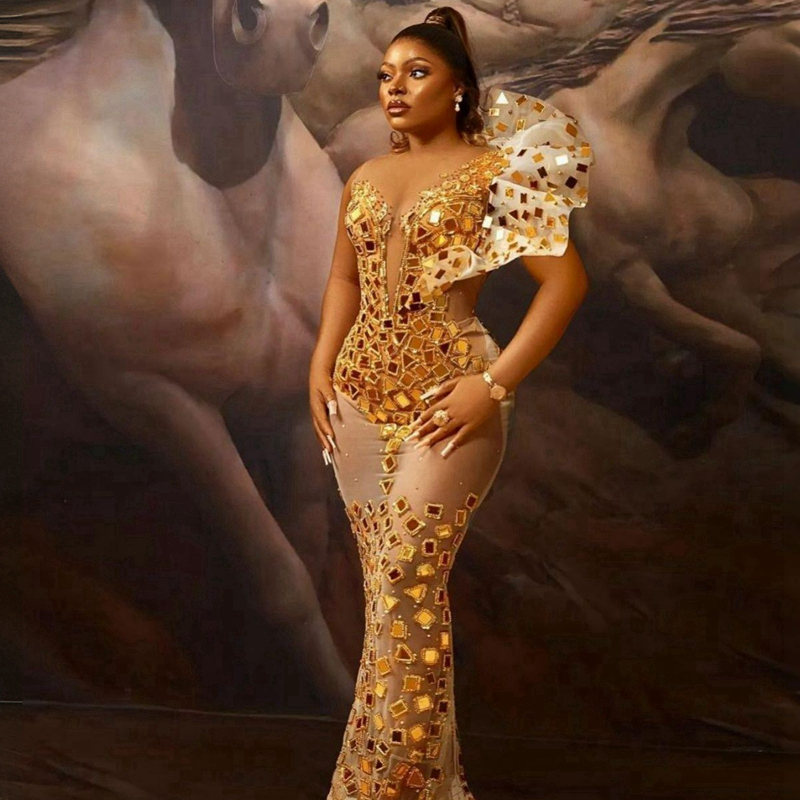 2024 Plus Size Aso Ebi Vestidos de Baile Luxuoso Espelho Lantejoulas Ilusão Vestido Formal de Noite para Ocasiões Especiais Tule Africano Árabe Vestidos de Festa de Aniversário NL042