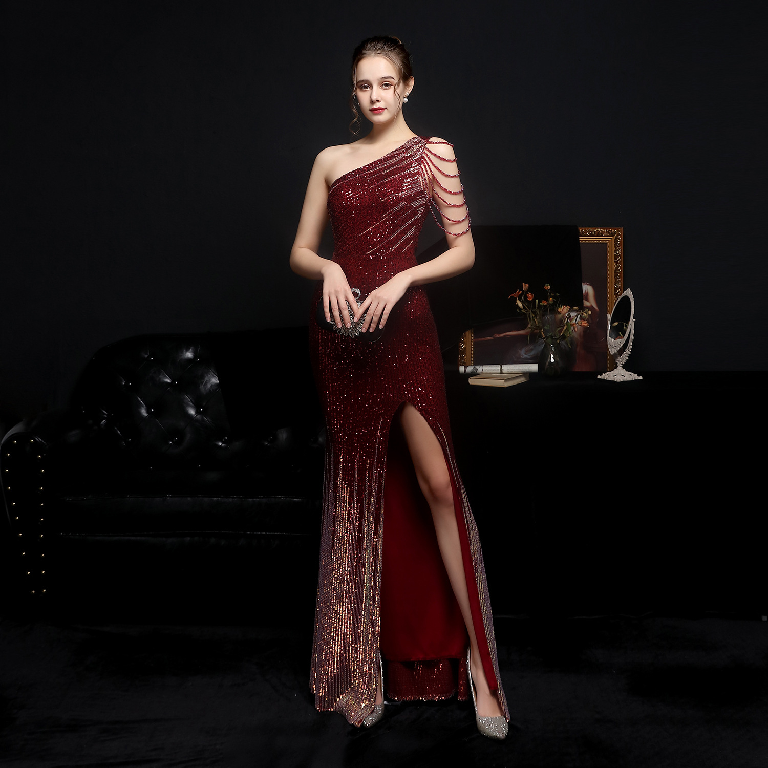 Vestido De noche rojo vino un hombro mujeres elegantes correas lentejuelas sirena Maxi vestido para fiesta De graduación Abendkleider Robe De Soiree Vestidos