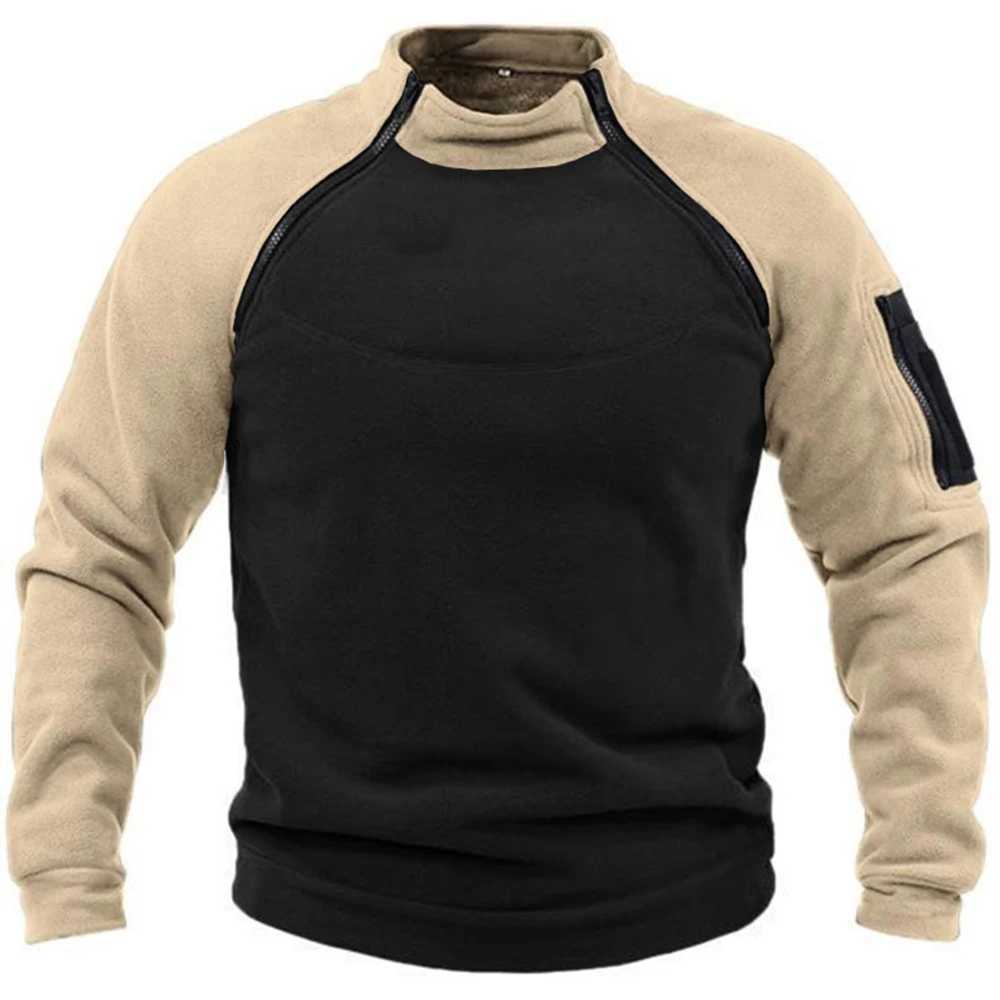 Tactical Jackets Men New Outdoor Tactical Top Quick Dry Long Sleeve Warm Fleece Stand-Up Pullover Top Contrast Patchwork Climbing Hike SweatshirtL231218