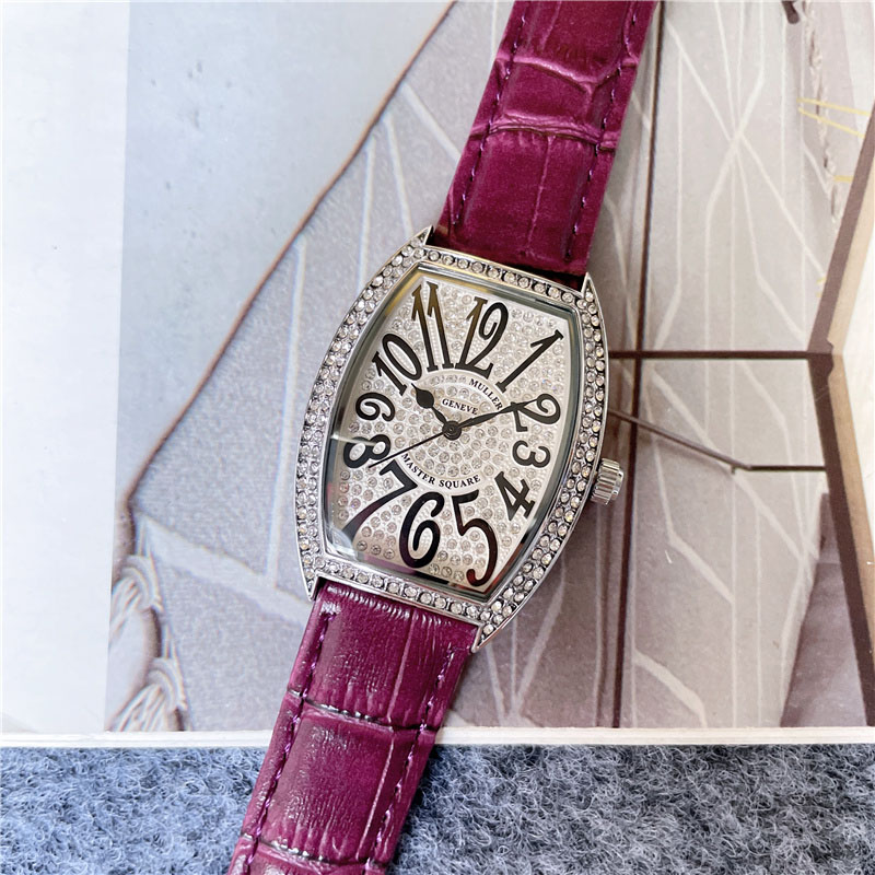 Mode Volledige Merk Horloges Dames Heren Man Tonneau Diamant Stijl Lederen Band Quartz Muller Klok FM 28