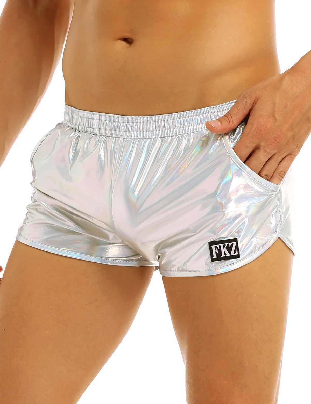 Underpants Mens Holographic Shiny Metallic Boxer Briefs Casual Loose Lounge Shorts Underwear Fashion Swim Trunks Bikini SwimwearL231218