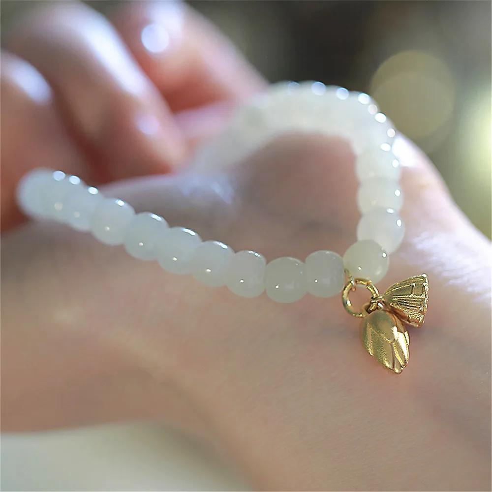 Bangle High Grade Natural Qinghai Hetian White Jade Bracelet Lotus Pendant Female Vintage Ins Niche Design Ladies Luxury Jewelry Gift