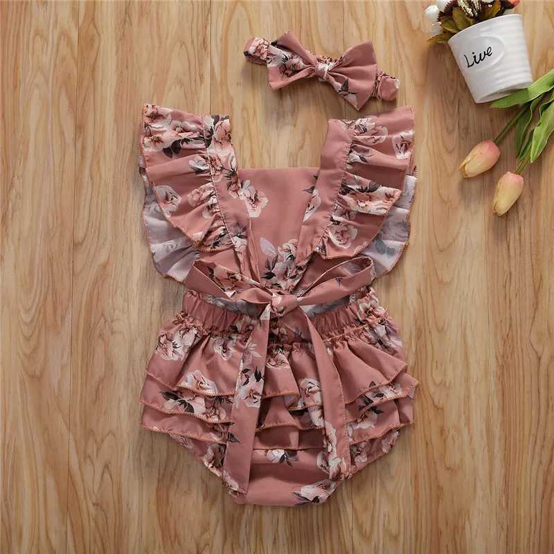 Rompers 0-24m nyfödd baby flicka romper vit rosa blommor tryck romper för nyfödda flickor jumpsuit pannband outfit småbarn spädbarn sunsuitl231114