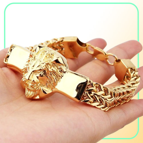 Punk Jewelry Figaro Chain Mens Bracelet Stainless Steel Silver ColorGold Color Lion Head Bracelet Mens Cuff Bracelet 866 inch CX2825846