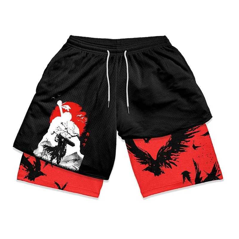 Cuecas elegantes anime berserk 2 em 1 shorts de compressão para homens shorts de ginástica atlética secagem rápida treinamento elástico corrida treino de fitness l231218