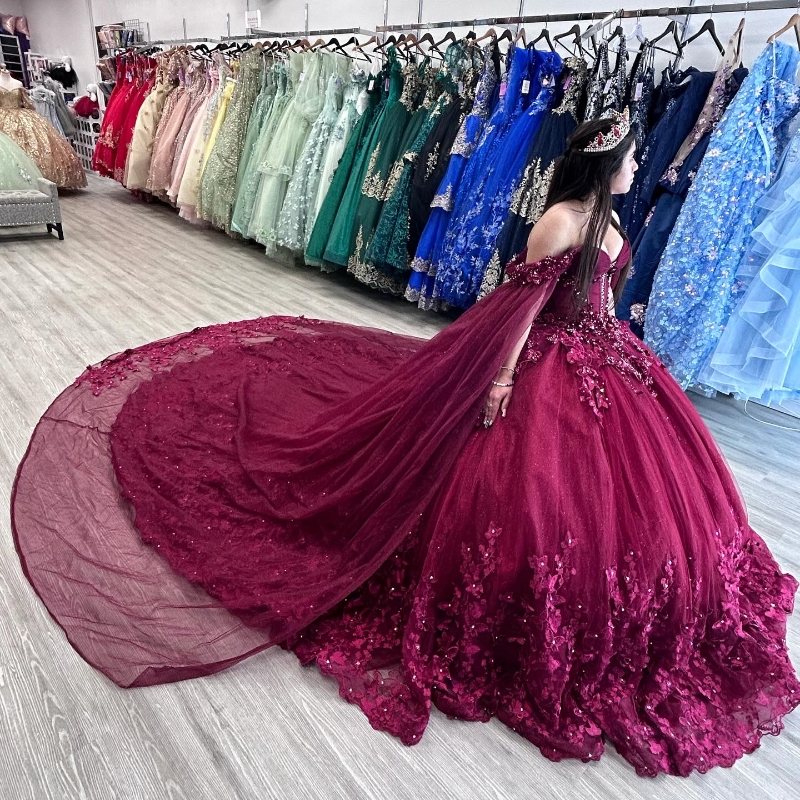 2024 Red Butterfly Flowers Quinceanera Dresses Detached Cape Ball Gown Appliques Lace Crystal Vestidos De 15 Anos