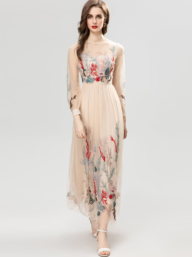 Damska sukienka pasa startowa o szyja długie rękawy haft haftowy mesh elegancka moda projektant imprezy balowa suknia balowa