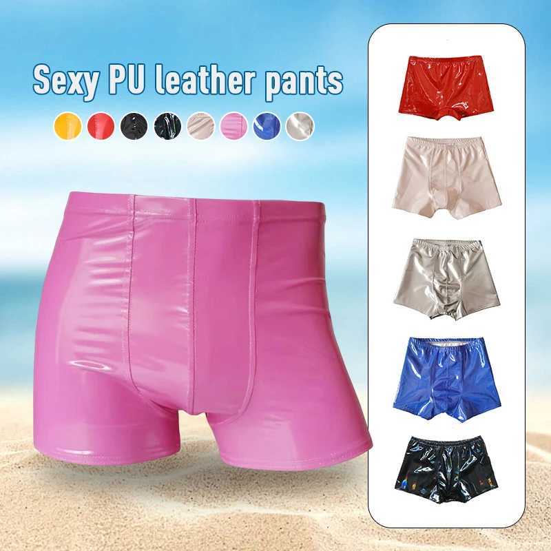 Sous-vêtements hommes sexy look mouillé boxer en cuir verni brillant short métallique sous-vêtements maillots de bain bas pôle danse rave clubwearl231218