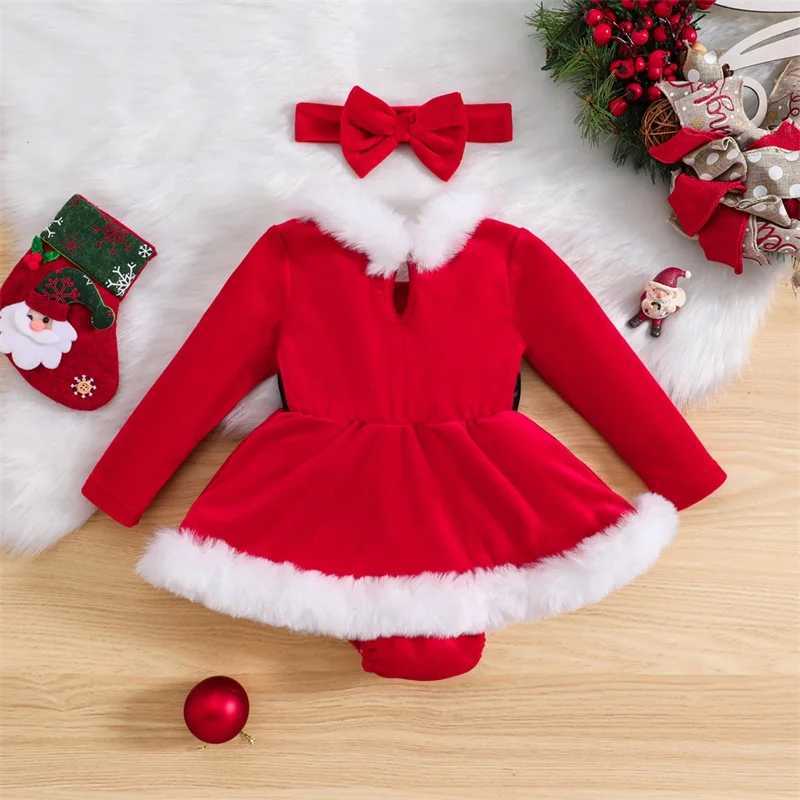 Rompers Suefunskry Baby Girls Christmas Outfits Lengeve Fur Trim Velvet Romper Dress + Headband Set新生児Xmas服3-24mssl231114