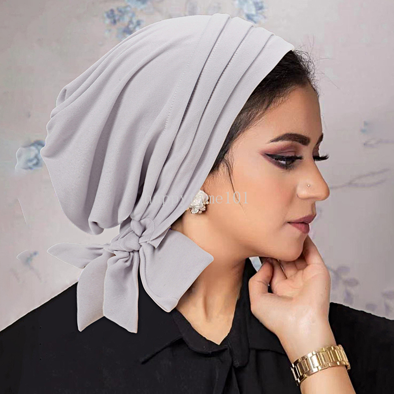 Nya modekvinnor andas elastiska rufsar muslimska hijab fast färg turban veckad hatt huvuddukhuvud wraps kemo cap bonnet