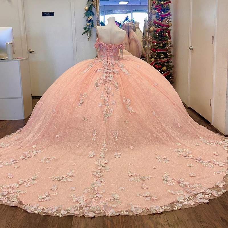 Rosa princesa vestido de baile quinceanera vestidos 2024 frisado apliques rendas lantejoulas doce 16 vestido vestidos de 15 anos