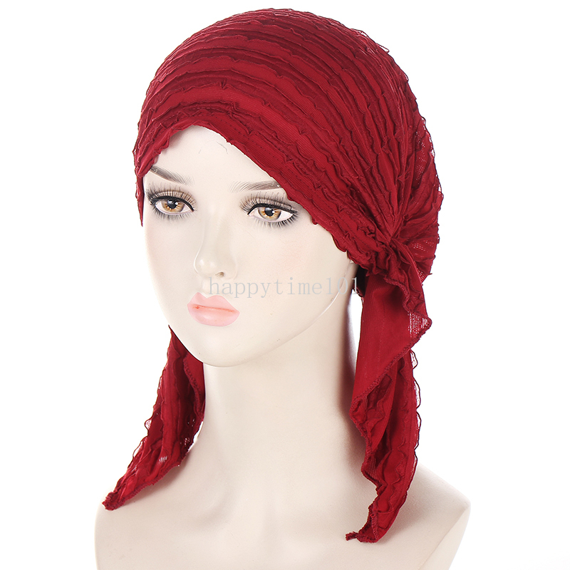 Nieuwe Vrouwen Geplooide Effen Kleur Tulband Hoed Chemo Cap Moslim Hijab Innerlijke Caps Haaruitval Cover Mutsen Motorkap Lange Staart headwrap