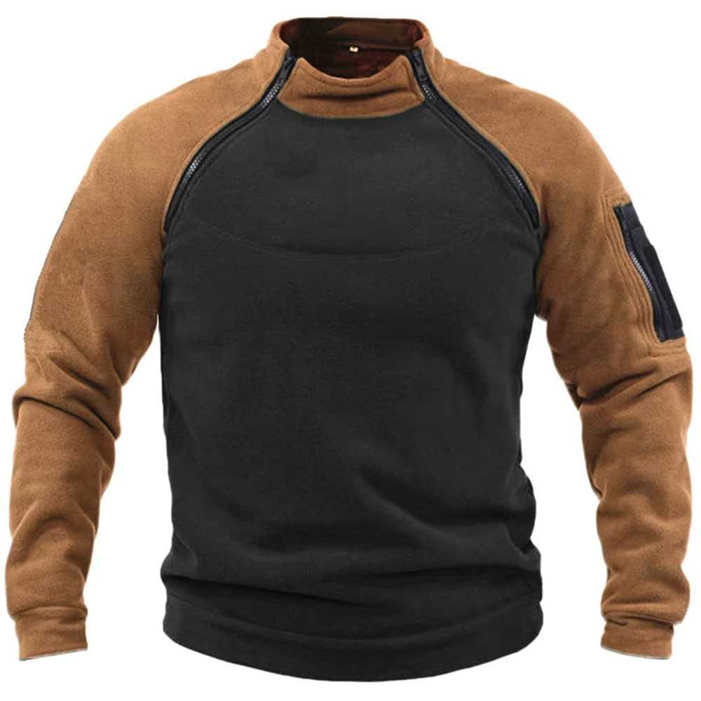 Tactical Jackets Men New Outdoor Tactical Top Quick Dry Long Sleeve Warm Fleece Stand-Up Pullover Top Contrast Patchwork Climbing Hike SweatshirtL231218