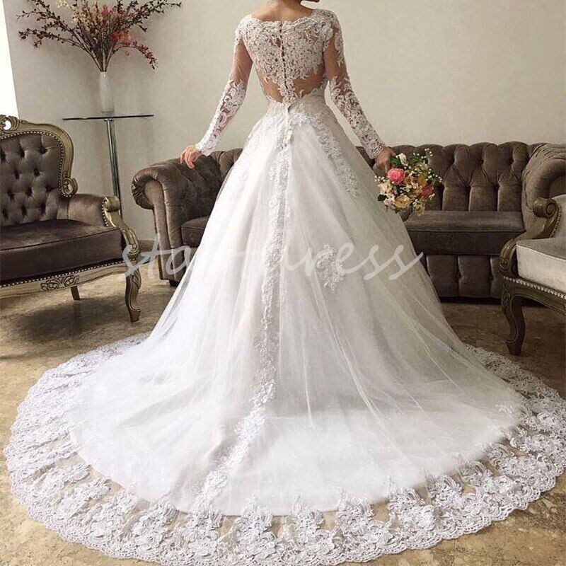 Princess Lace Wedding Dress 2024 Long Sleeve Appliques Garden Country Garden Bride Dress White Sweep Train Church Civil Bridal Gowns Mariage Vestios De Novias