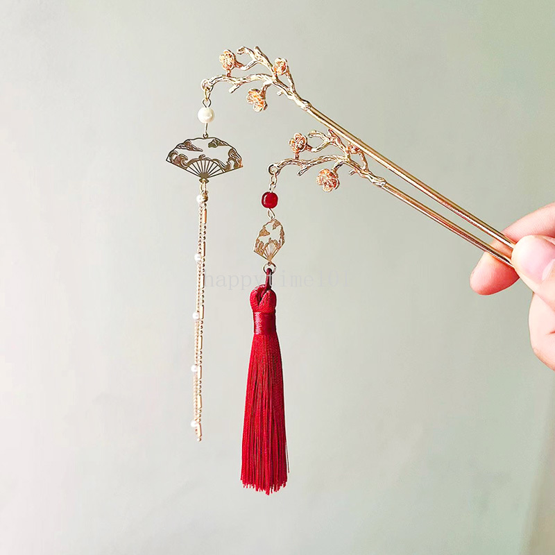 Kinesisk antik stil hårnål för kvinnor röd fläkt tassel hänge hår pinnar hanfu hårnål hår tillbehör brud smycken huvudbonader
