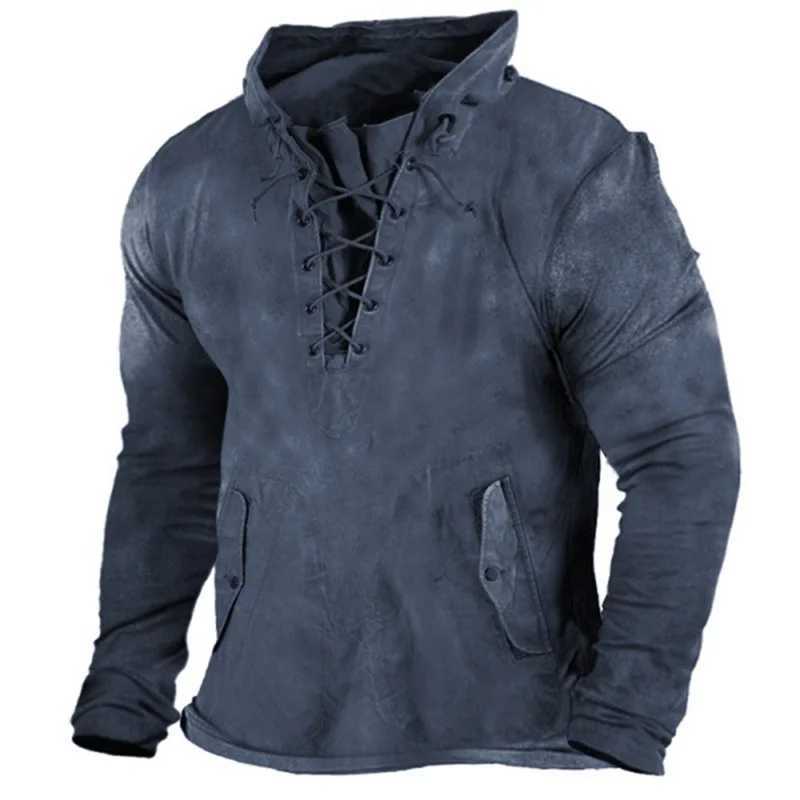 Tactical Jackets Men's Outdoor Tactical Long-sleeved T-shirt Retro Lace-up Hooded Cool Top Plus Size Solid Color Hiking Fishing Casual Hoodie ManL2031218