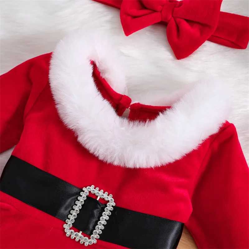 Rompers Suefunskry Baby Girls Christmas Outfits Lengeve Fur Trim Velvet Romper Dress + Headband Set新生児Xmas服3-24mssl231114