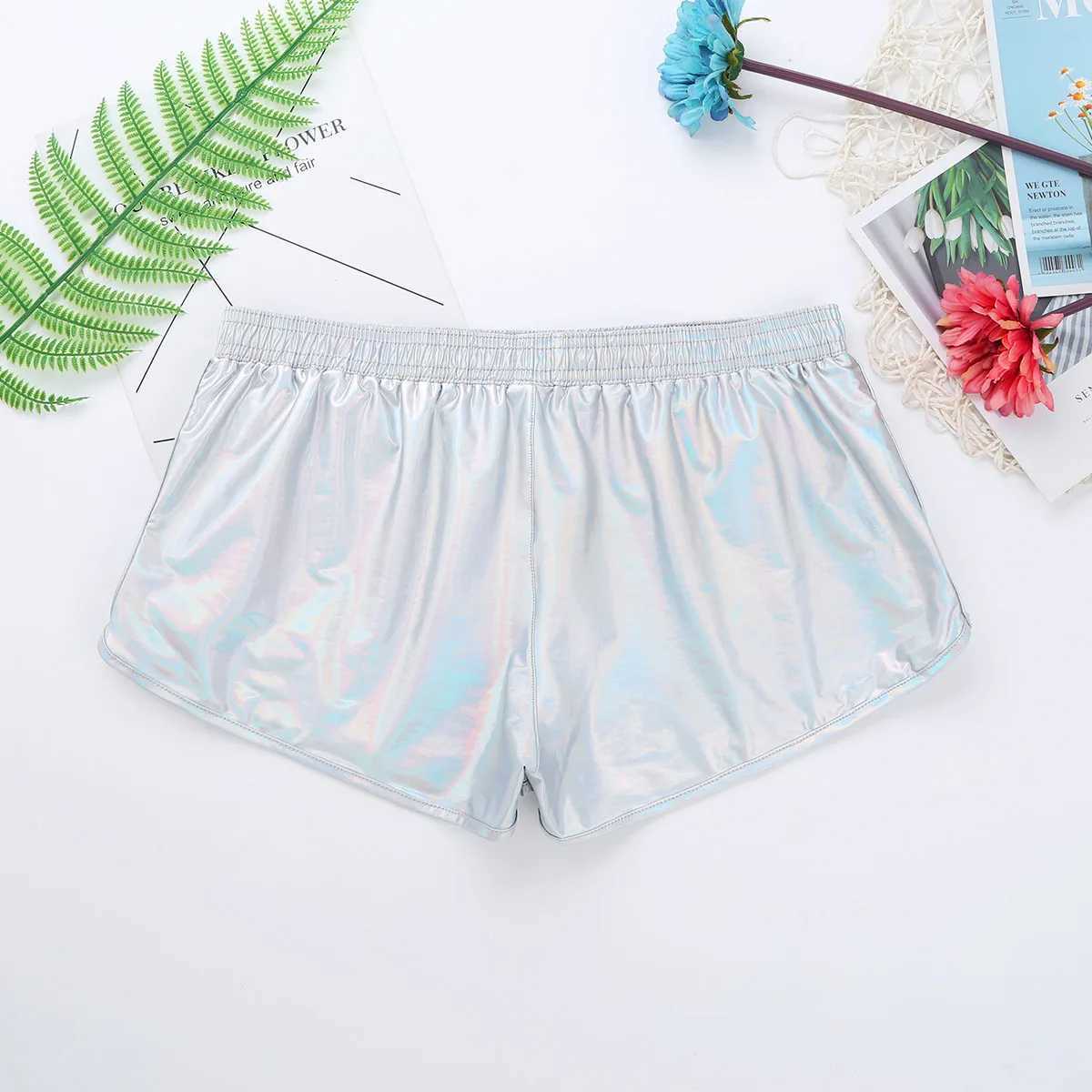 Underpants Mens Holographic Shiny Metallic Boxer Briefs Casual Loose Lounge Shorts Underwear Fashion Swim Trunks Bikini SwimwearL231218