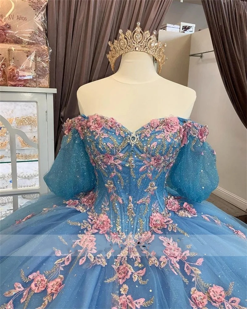 Cute Blue Princess Quinceanera Dresses 2024 Off Shoulder Flower Appliques Lace Crystals Beads Ball Gown Sweet 15th Prom Party