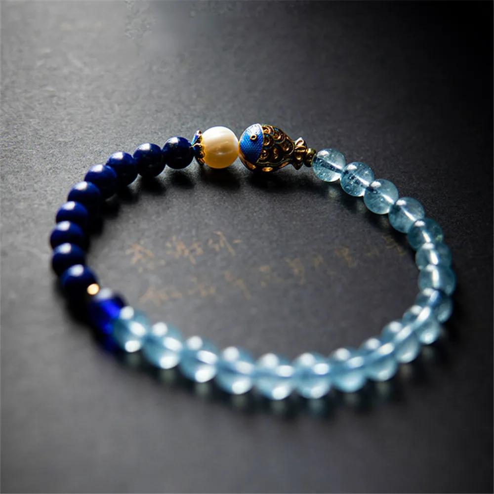 Armreif 6mm Lapislazuli Brasilien Aquamarin Perlen Armband Emaille Farbe Fisch geformt Cloisonné einfacher Modeschmuck Frauen süßes Armband