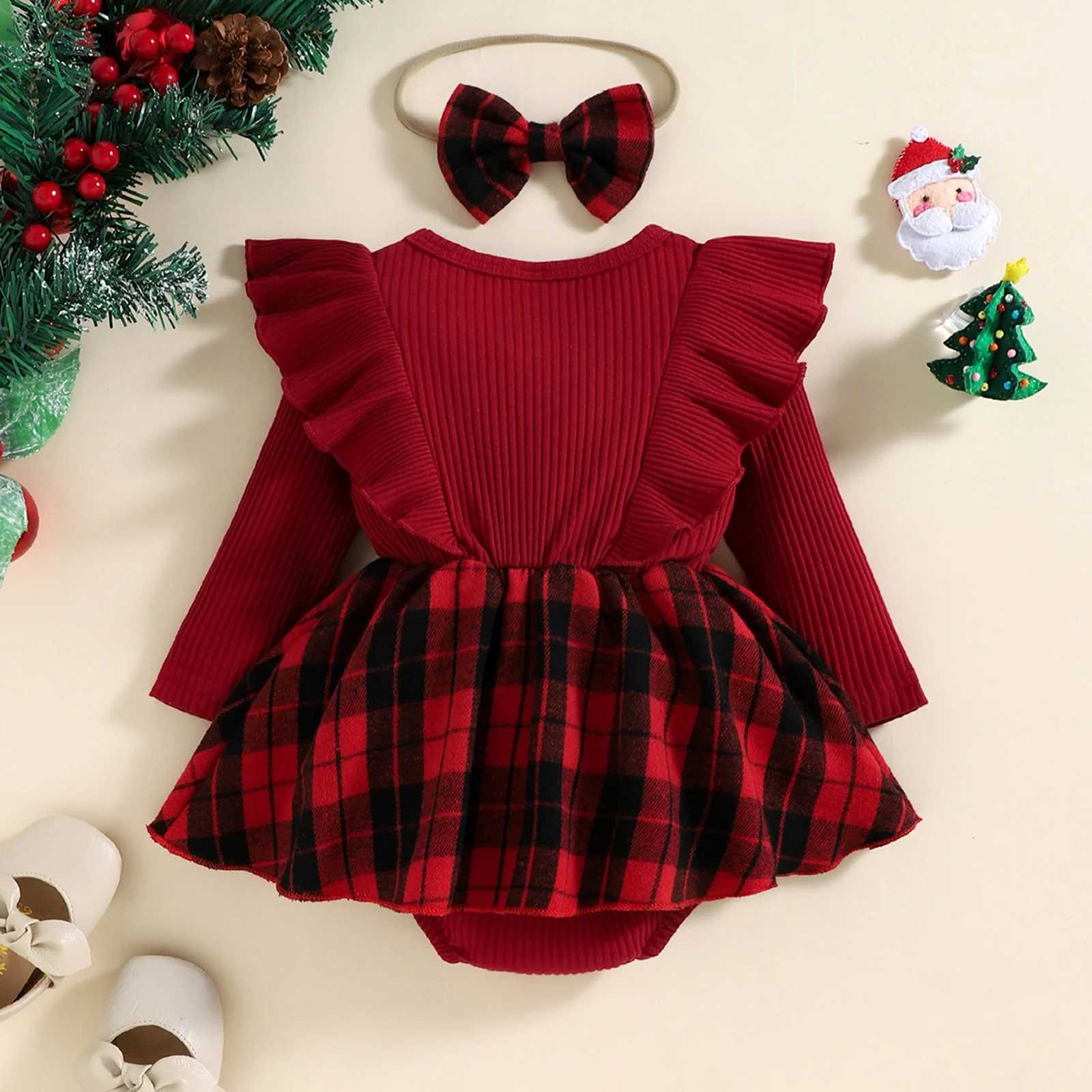 Rompers Ma Baby 0-24M Christmas Girl Red Romper Newborn Infant Baby Knit Ruffle Long Sleeve Bow Jumpsuit Plaid Print Xmas Costumes D01L231114