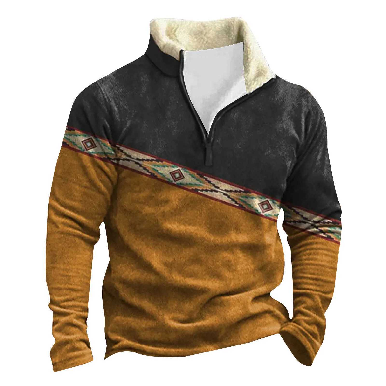 Tactical Jackets Vintage Men'S Patchwork Winter Sweatshirt Comfortable Print Fleece Collar Long Sleeved Hoodies Fashion Pullover SweatersL231218