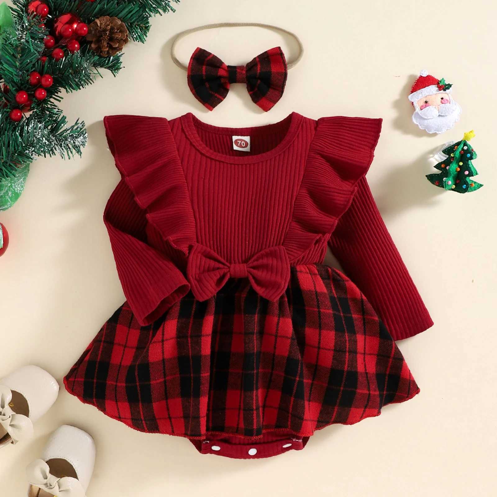 Rompers MA Baby 0-24m julflicka röd romper nyfödd spädbarn barnstickning långärmad båge jumpsuit plädtryck xmas kostymer d01l231114